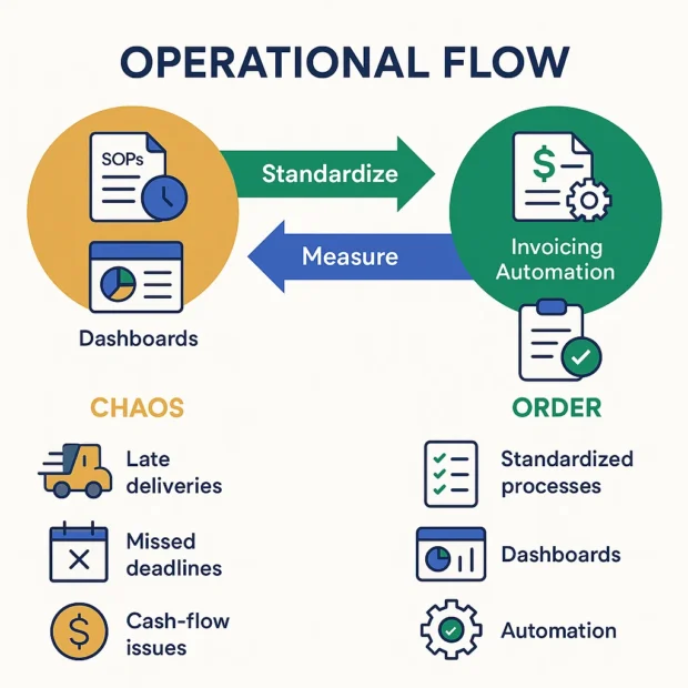 Operations flow with SOPs, SLAs, quality checks, and dashboards improving on-time delivery