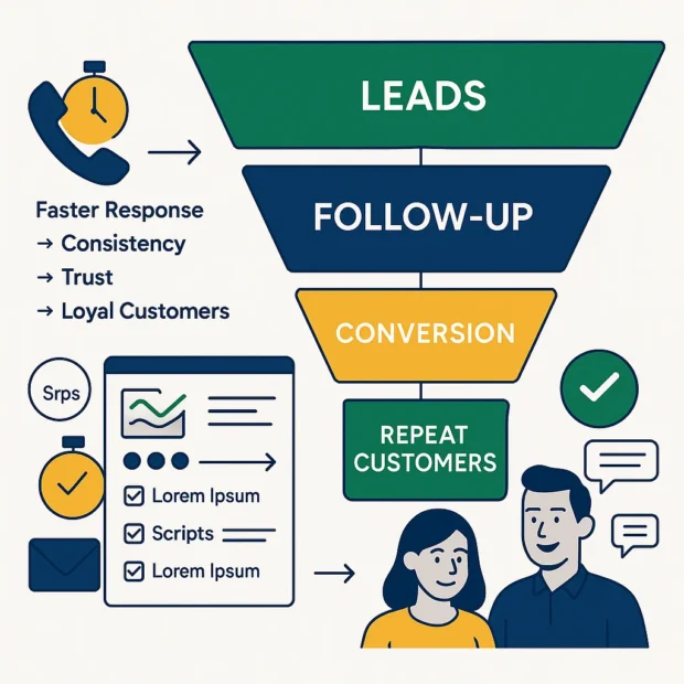 Sales funnel with rapid follow-ups, scripted calls, and trust signals to improve conversions