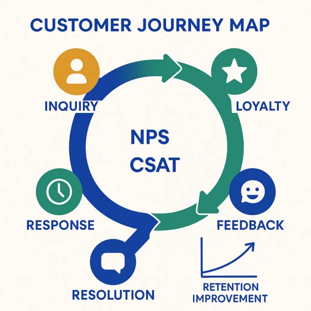Customer journey map with touchpoints, SLAs, and feedback loops for higher retention