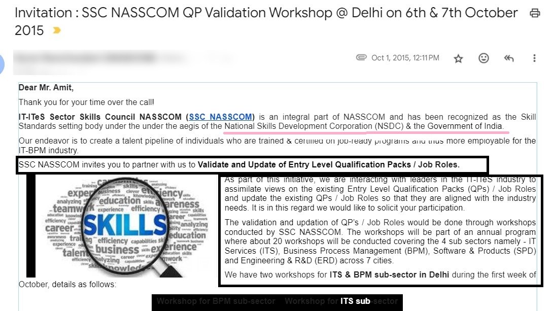 SSC NASSCOM invitation to Ameet Mukherji to validate IT-ITeS entry-level qualification packs, October 2015